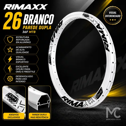 Aro RIMAXX 26 Branco Parede Dupla 36F MTB Grau e Manobras