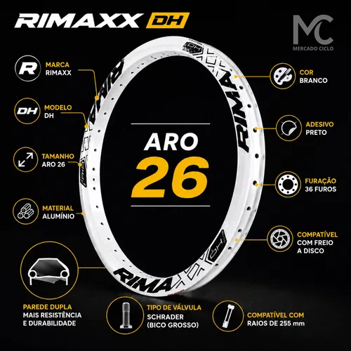 Aro RIMAXX 26 Branco Parede Dupla 36F MTB Grau e Manobras