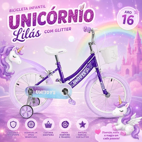 Bicicleta Infantil Aro 16 Lilás com Glitter e Cestinha Unitoys