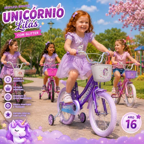 Bicicleta Infantil Aro 16 Lilás com Glitter e Cestinha Unitoys