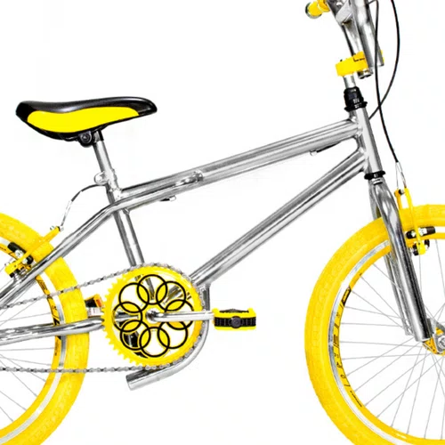 Bicicleta 20 Cromada Cross Aro Aero Amarelo com Pneu Amarelo