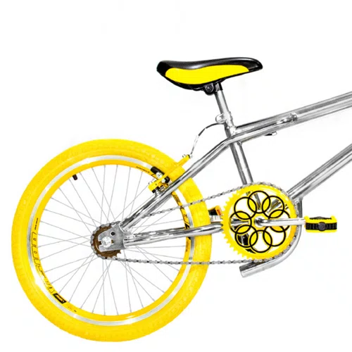 Bicicleta 20 Cromada Cross Aro Aero Amarelo com Pneu Amarelo