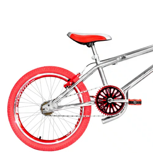 Bicicleta 20 Cromada Cross Aro Aero Vermelho com Pneu Vermelho