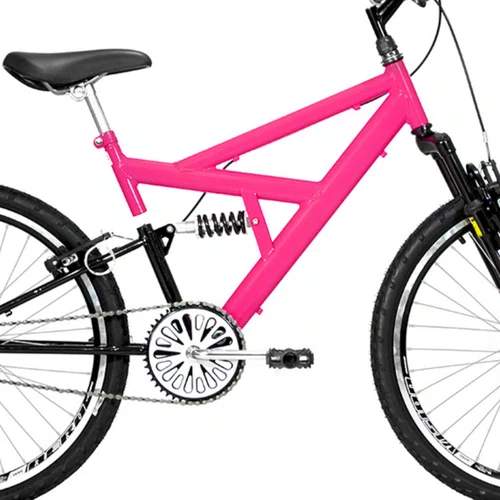 Bicicleta 24 Rosa Chiclete/Preto Full Suspensão Aro Aero Preto