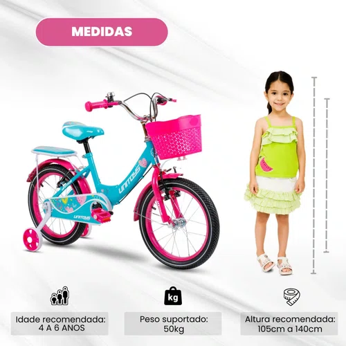 Bicicleta Love Aro 16 Tiffany e Pink com Rodinhas