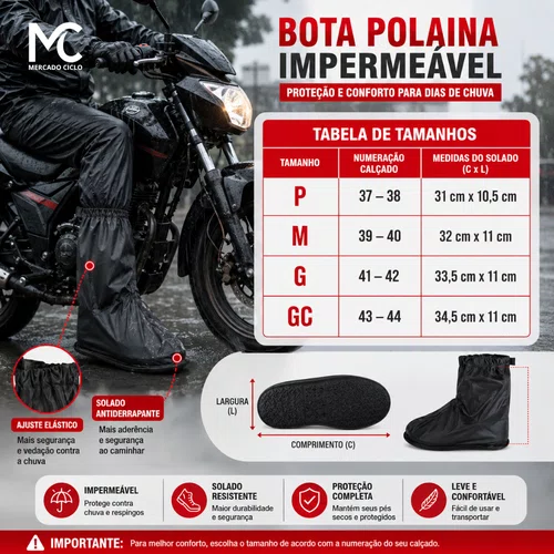 Bota Polaina Impermeável para Motoqueiro com Solado Antiderrapante 34 a 36