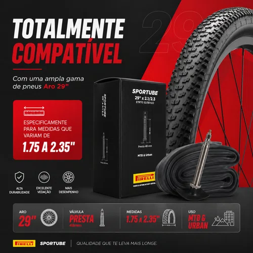 Câmara de Ar Pirelli p/ Bike Aro 29 Válvula Presta Bico Fino 48mm