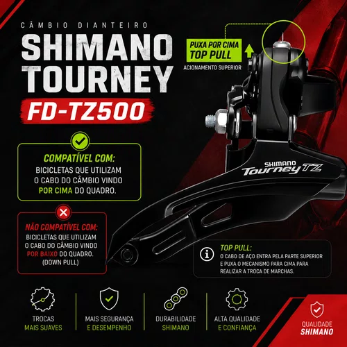 Câmbio Dianteiro Shimano Tourney FD-TZ500 Top Pull 3x6/7/8 Velocidades 31,8mm