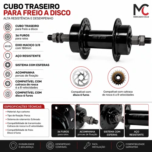 Cubo Traseiro 36 Furos com Eixo Maciço para Freio a Disco