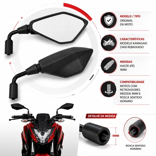 Espelho Retrovisor Kawasaki Z400 Haste Curta Par