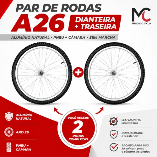 Kit Roda Dianteira e Traseira A26 Alumínio Natural Pneu+Câmara