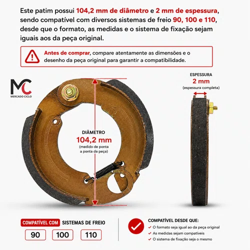 Patim Freio Tambor Bike Elétrica Scooter Compatível Sistema 90 100 110