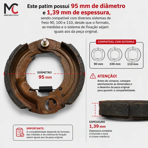 Patim Freio Tambor Bike Elétrica Scooter Compatível Sistema 90 100 110