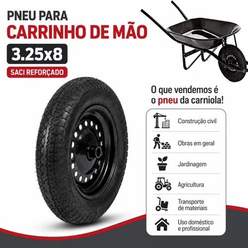 Pneu Carrinho de Mão 3.25x8 Carriola Com Arame Reforçado