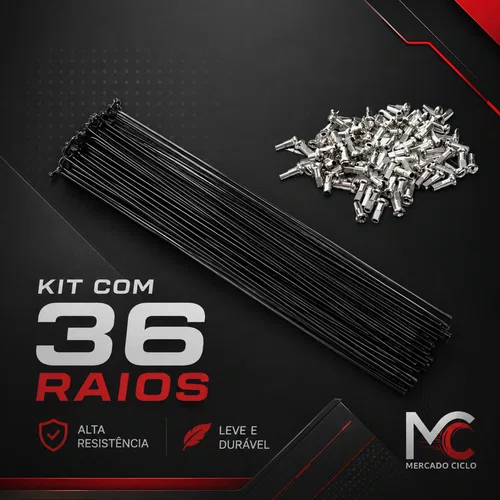 36 Raios Aço Preto 255X2.0 Fino c/Niples Aro 26 Bike