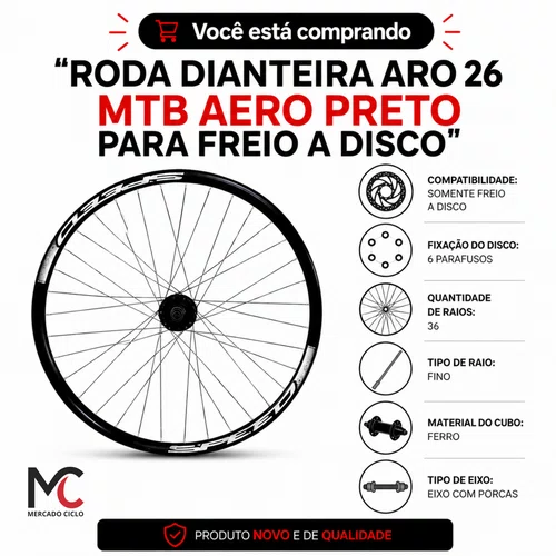 Roda Dianteira Aro 26 MTB Aero Disco 36 Raios Cubo Ferro