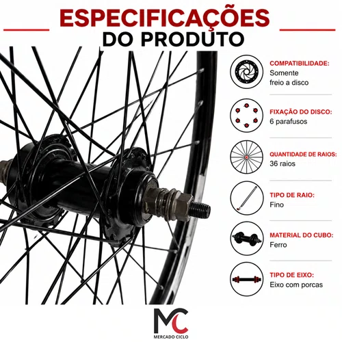 Roda Dianteira Aro 26 MTB Aero Disco 36 Raios Cubo Ferro