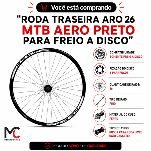 Roda Traseira Aro 26 MTB Aero Disco 36 Raios Cubo Ferro